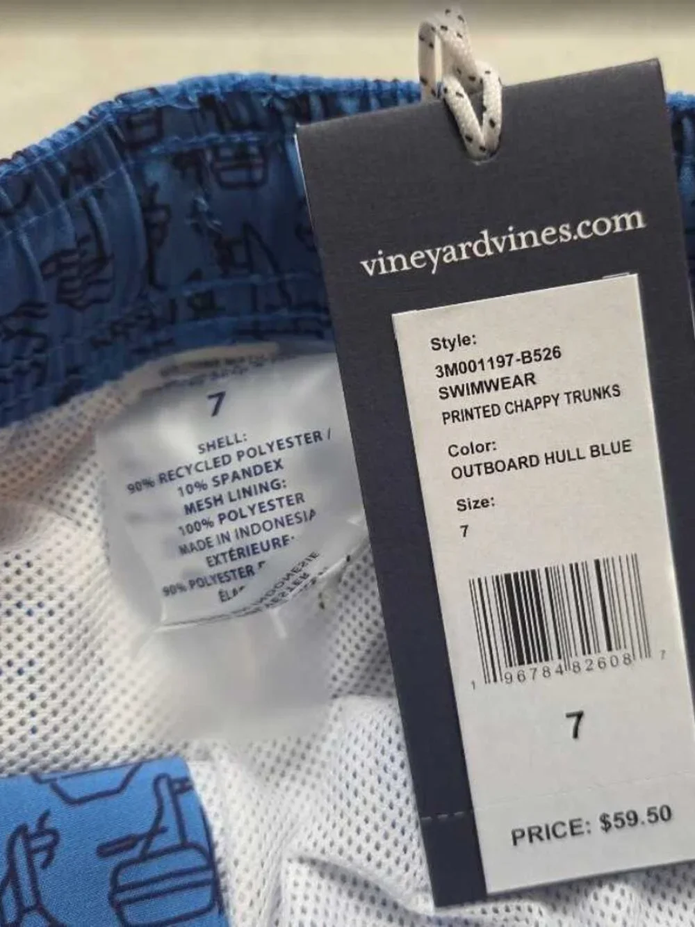 New boys 7 Vineyard Vines printed Chappy trunks swim shorts outboard hull blue